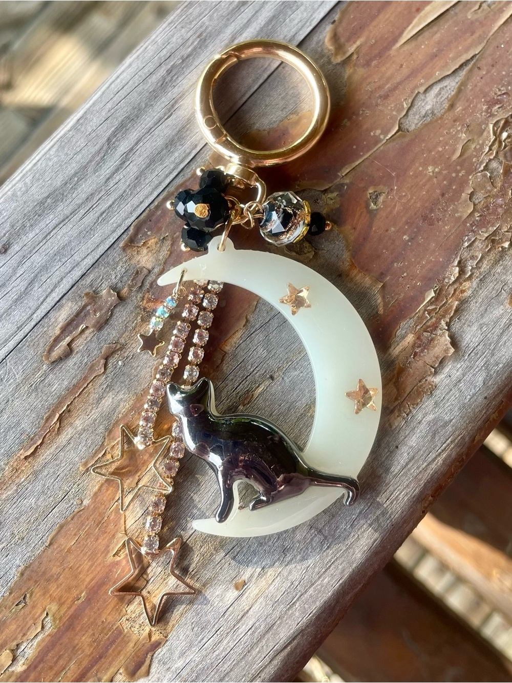 Hand Crafted Cat & Moon Keychain Purse Charm - Picture 3 of 9
